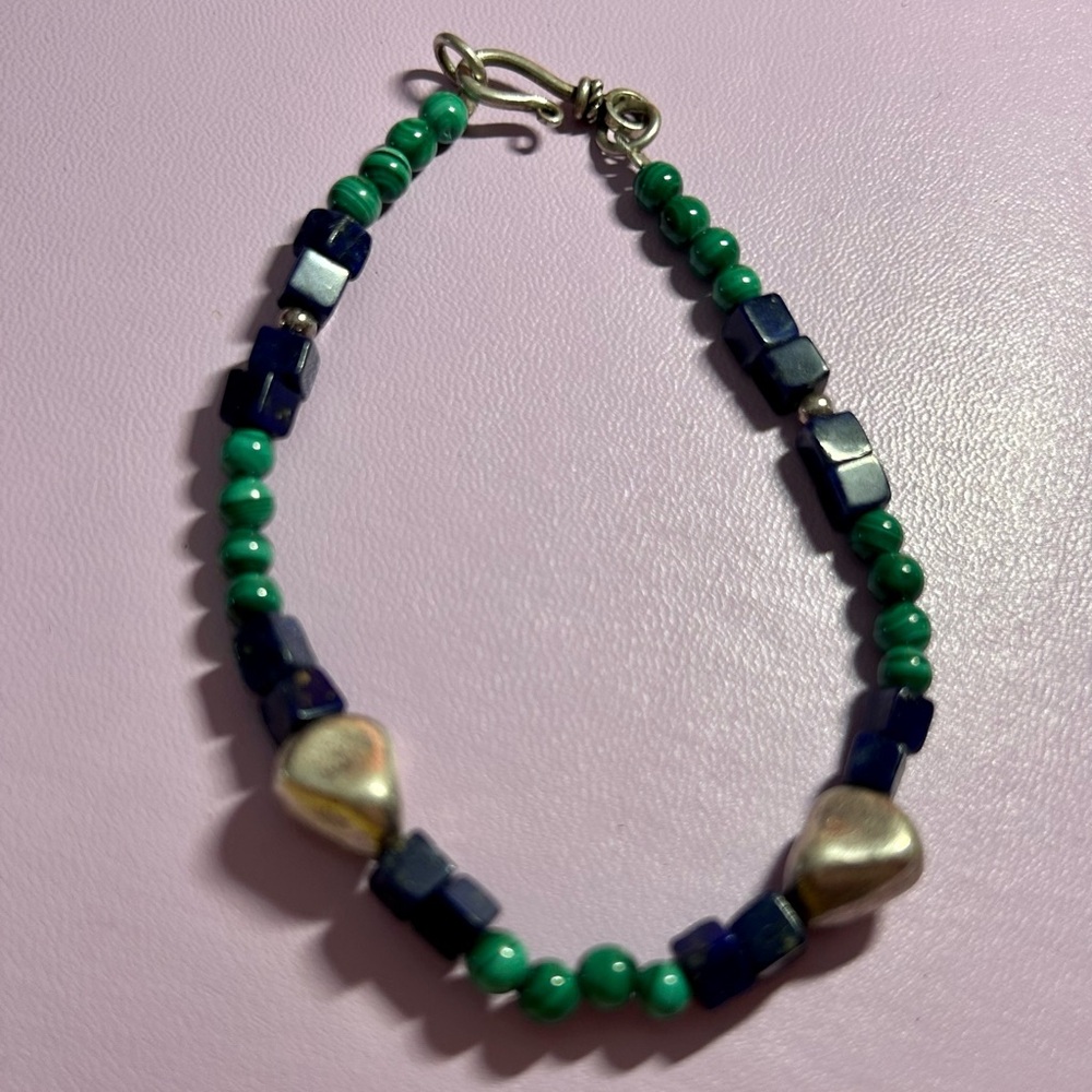 Handcrafted Lapis, Malachite, Silver Beads Bracelet